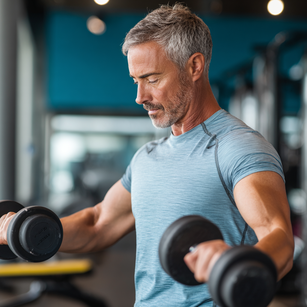 Middle-aged adult engaged in strength training at modern fitness facility